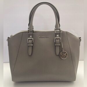 Michael Kors Ciara Large Saffiano Leather Satchel in Gray/Taupe with Strap